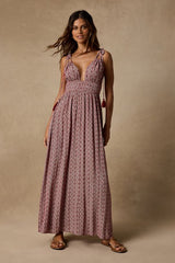 Field Day Wine Red Print Tie-Strap Maxi Dress