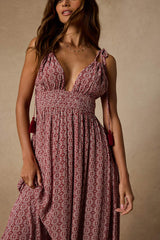 Field Day Wine Red Print Tie-Strap Maxi Dress
