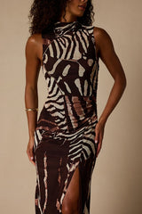 Rosannah Brown Multi Abstract Mesh Mock Neck Midi Dress