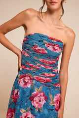 Tanya Blue Multi Satin Pleated Maxi Dress