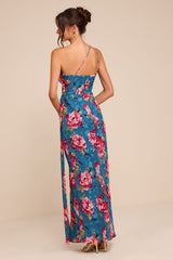 Miki Blue Floral Print One-Shoulder Sash Maxi Dress