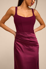 Irene Plum Mixed Media Bustier Maxi Dress