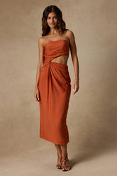 Zisel Terracotta Cutout Strapless Midi Dress