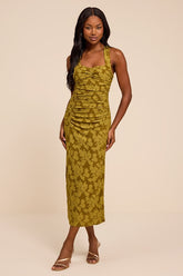 Delena Olive Jacquard Ruched Halter Midi Dress