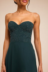 Remember This Moment Emerald Rhinestone Strapless Maxi Dress