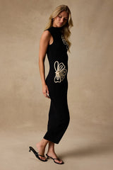 Eviee Black Sweater Knit Embroidered Midi Dress