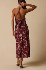 Betty Burgundy Abstract Print Mesh Halter Midi Dress