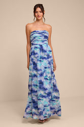 Mykala Blue Abstract Pleated Strapless Maxi Dress
