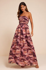 Mykala Mauve Abstract Pleated Strapless Maxi Dress