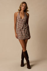 Lexi Brown Multi Plaid Surplice Mini Dress