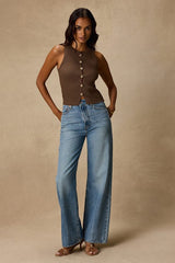 Conceptually Chic Brown Ribbed Knit Button-Front Tank Top