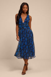Evaluna Blue Abstract Print Lurex Pleated Midi Dress