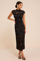 Tensely Black Floral Jacquard Cap Sleeve Midi Dress