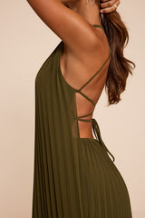 Dorala Olive Pleated Lace-Up Tiered Maxi Dress