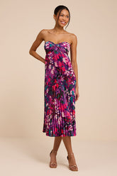 Whimsical Beauty Purple Multi Satin Plisse Strapless Midi Dress