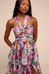Dayanara Purple Multi Floral Organza Tiered Midi Dress