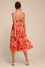 Whitley Orange Floral Pleated Sleeveless Midi Dress