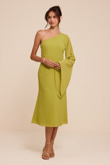 Elizabeth Chartreuse One-Shoulder Bell Sleeve Midi Dress