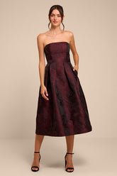 Laurelin Burgundy Floral Jacquard Strapless Midi Dress