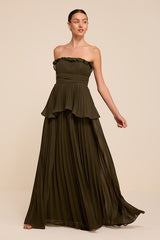 Daniela Olive Pleated Strapless Maxi Dress