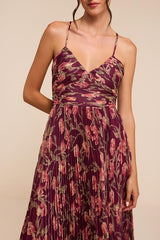 Rebena Plum Multi Floral Pleated Maxi Dress