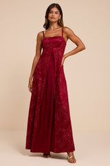 Mitzie Wine Red Embroidered Maxi Dress