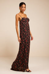Avi Black Floral Print Pleated Sleeveless Maxi Dress
