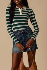 Opal Green and Blue Striped Ribbed Knit Collar Top