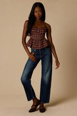 Callen Burgundy Multi Plaid Peplum Top