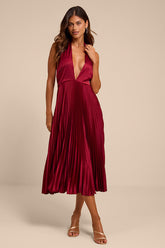 Rhoda Wine Red Satin Halter Midi Dress