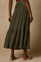 Goldie Olive Green Ruched Midi Skirt