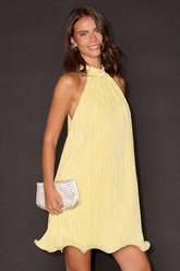Vaivah Light Yellow Satin Plisse Mock Neck Swing Mini Dress