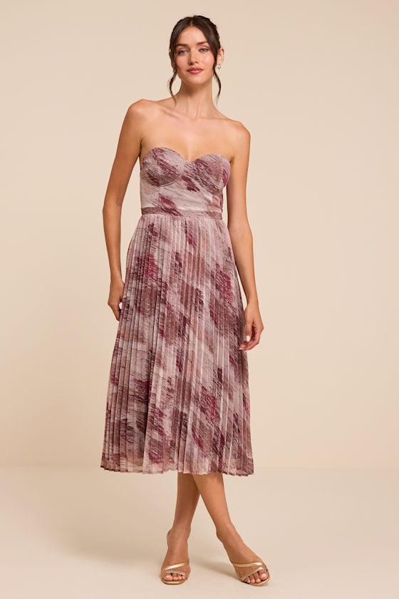 Juniva Mauve Multi Abstract Print Pleated Bustier Midi Dress