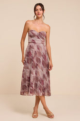 Juniva Mauve Multi Abstract Print Pleated Bustier Midi Dress