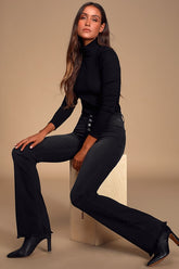 Trina Washed Black Button-Fly Flare Jeans