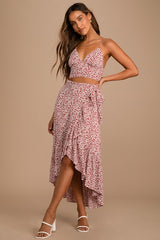 Summer Romance Rust Brown Floral Print Two-Piece Midi Dress