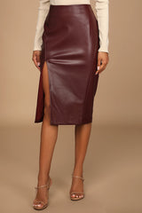 Mireya Wine Red Vegan Leather Pencil Skirt
