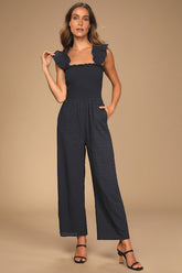 Easy Loving Navy Blue Eyelet Lace Wide-Leg Jumpsuit