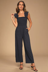 Easy Loving Navy Blue Eyelet Lace Wide-Leg Jumpsuit