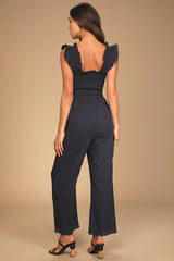 Easy Loving Navy Blue Eyelet Lace Wide-Leg Jumpsuit