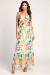 Stunning One Multi Abstract Print Drawstring Halter Maxi Dress