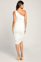 Total Appeal White Ruched One-Shoulder Bodycon Midi Dress