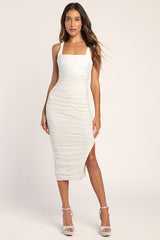 V.I.P. Treatment White Mesh Ruched Bodycon Midi Dress