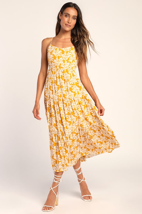 Catching Sunrays Mustard Yellow Floral Print Midi Dress