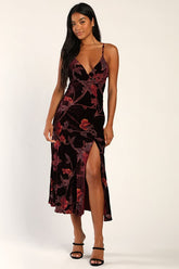 Divine Allure Burgundy Floral Burnout Velvet Midi Dress