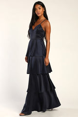 Going with Elegance Navy Blue Satin Tiered Gown