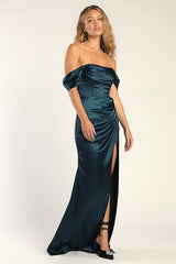 Stunning Arrival Dark Teal Satin Off-The-Shoulder Maxi Dress
