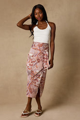 Take A Walk With Me Rust Paisley Print Satin Wrap Midi Skirt
