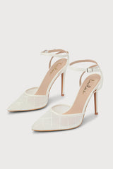 Louize White Embroidered Ankle-Strap Heels