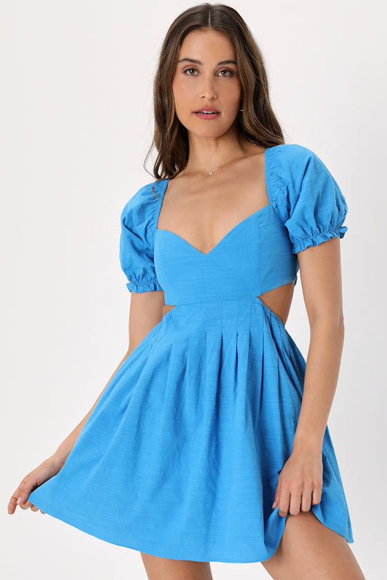 Love the Feeling Blue Puff Sleeve Lace-Up Cutout Mini Dress